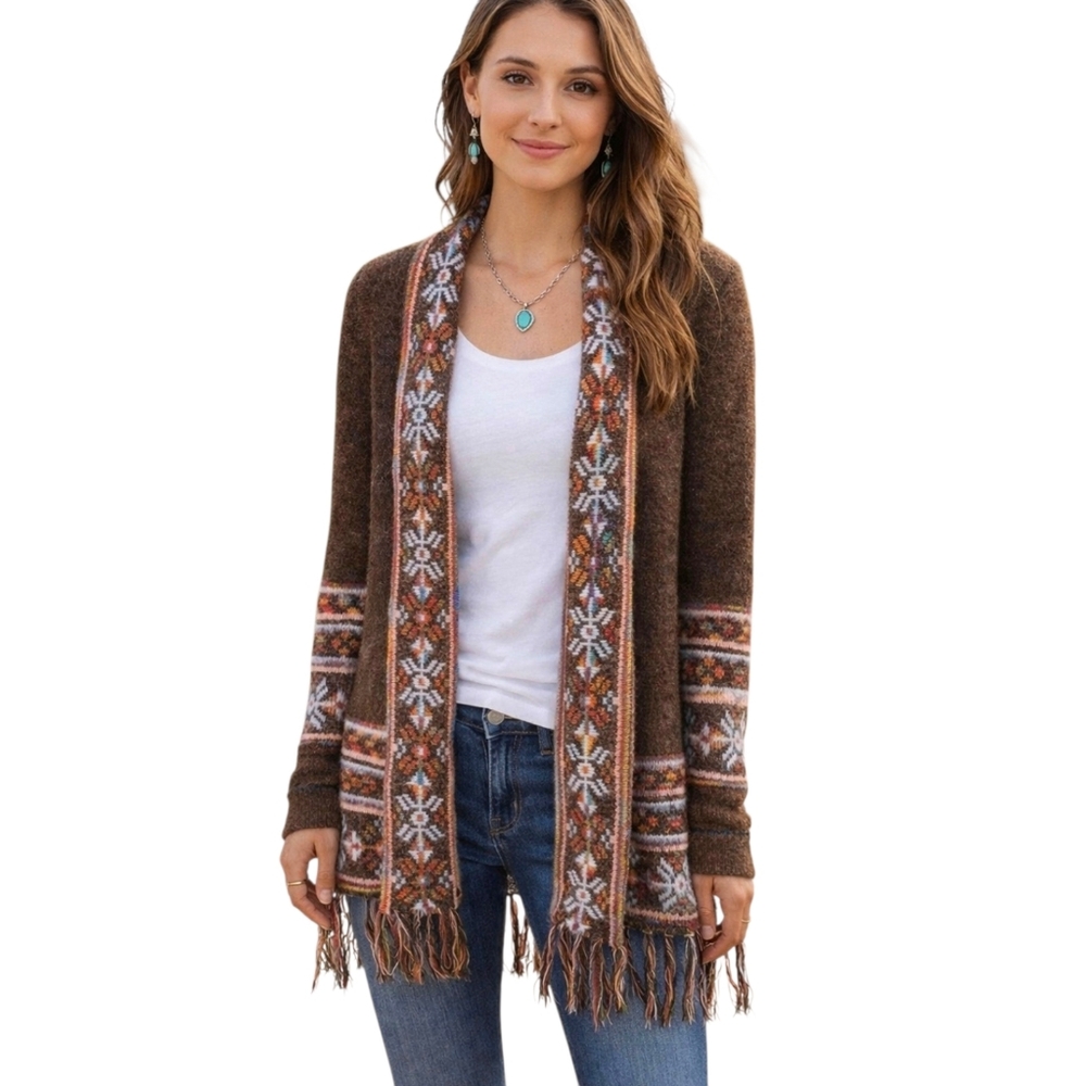 Adora Long Southwestern Aztec Open Cardigan With Fringe M/L - Picture 13 of 14